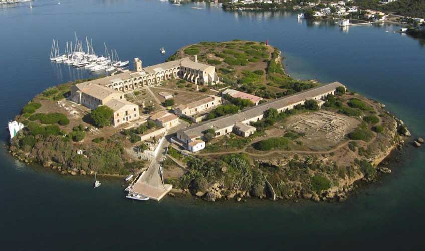 Aerial view of the Illa del Rei restored hospital buildings