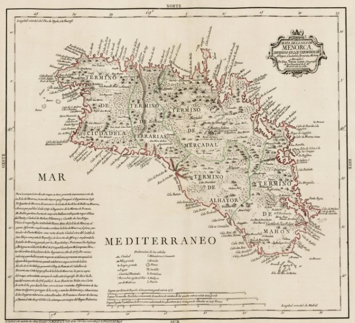 Antique Spanish map of Menorca divided into its termini, with Mahón at the south-east