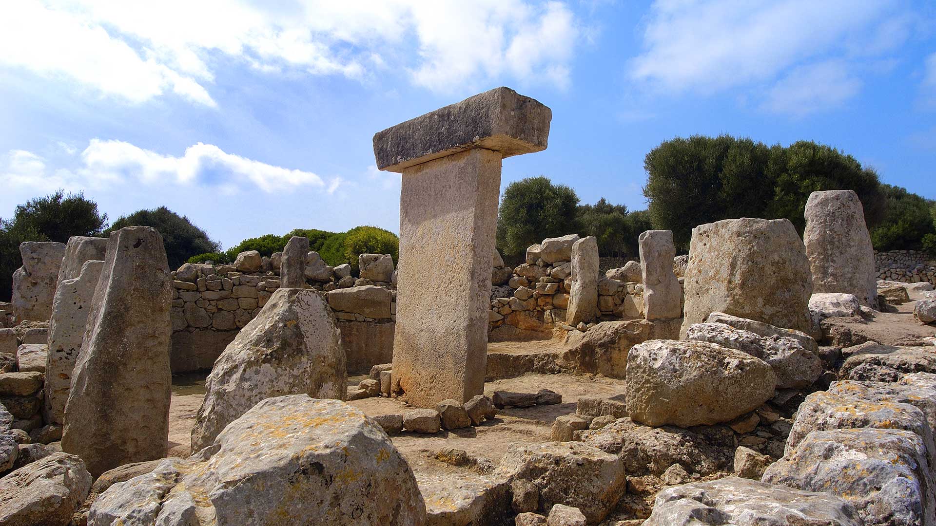 Stone taula and talayotic ruins at Torralba d'en Salort