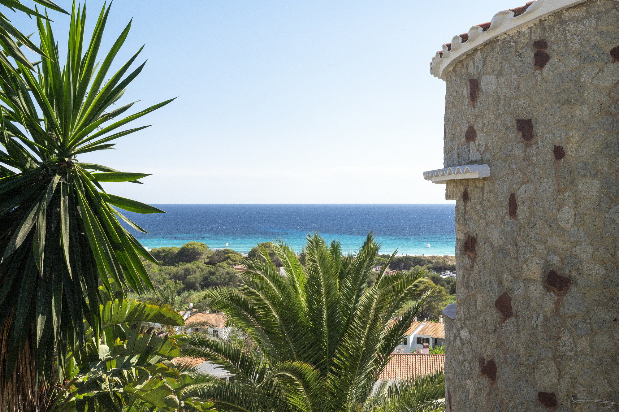 View of the sea past a palm tree and the villa's stone turret