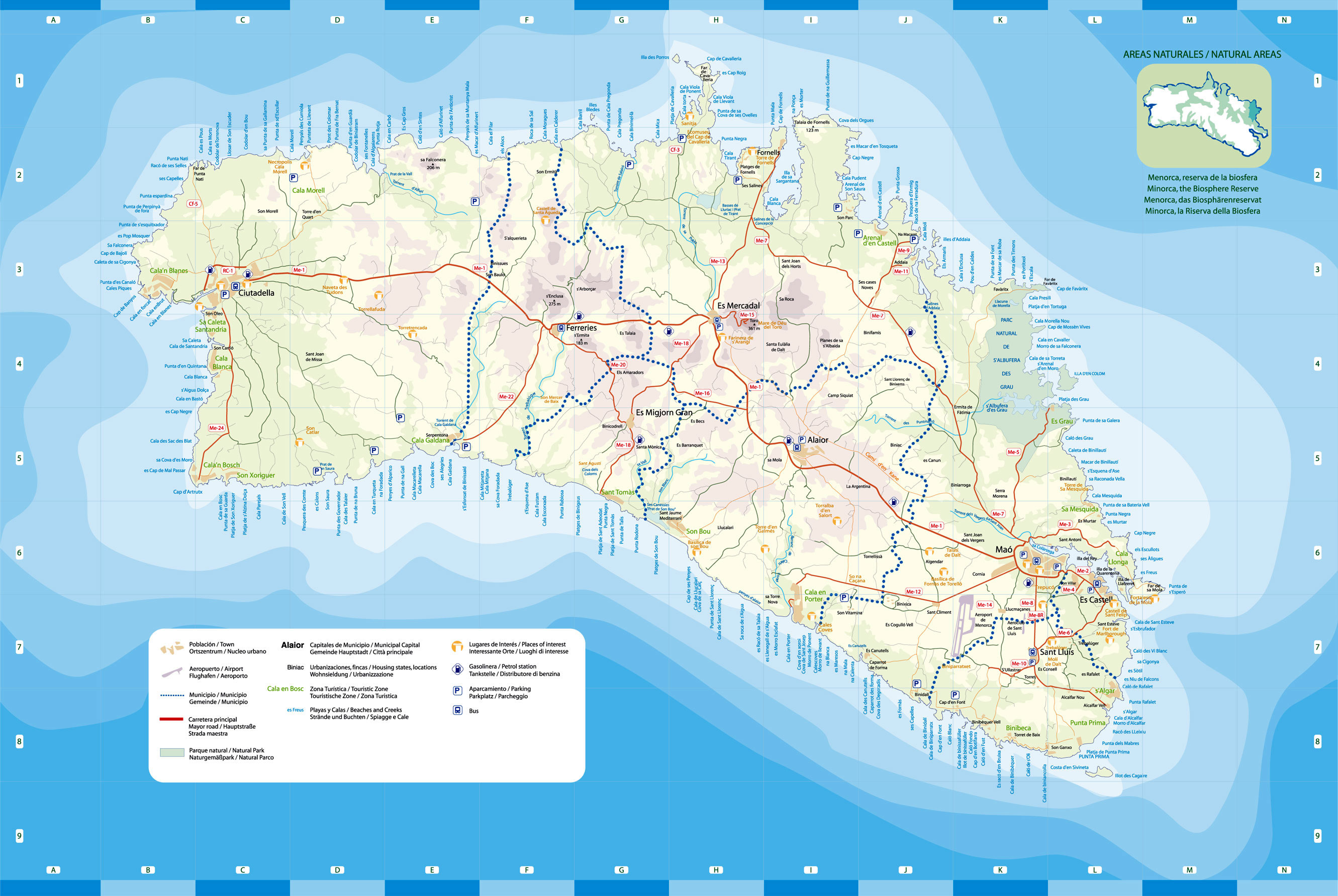 Detailed road map of Menorca showing towns, beaches, and points of interest