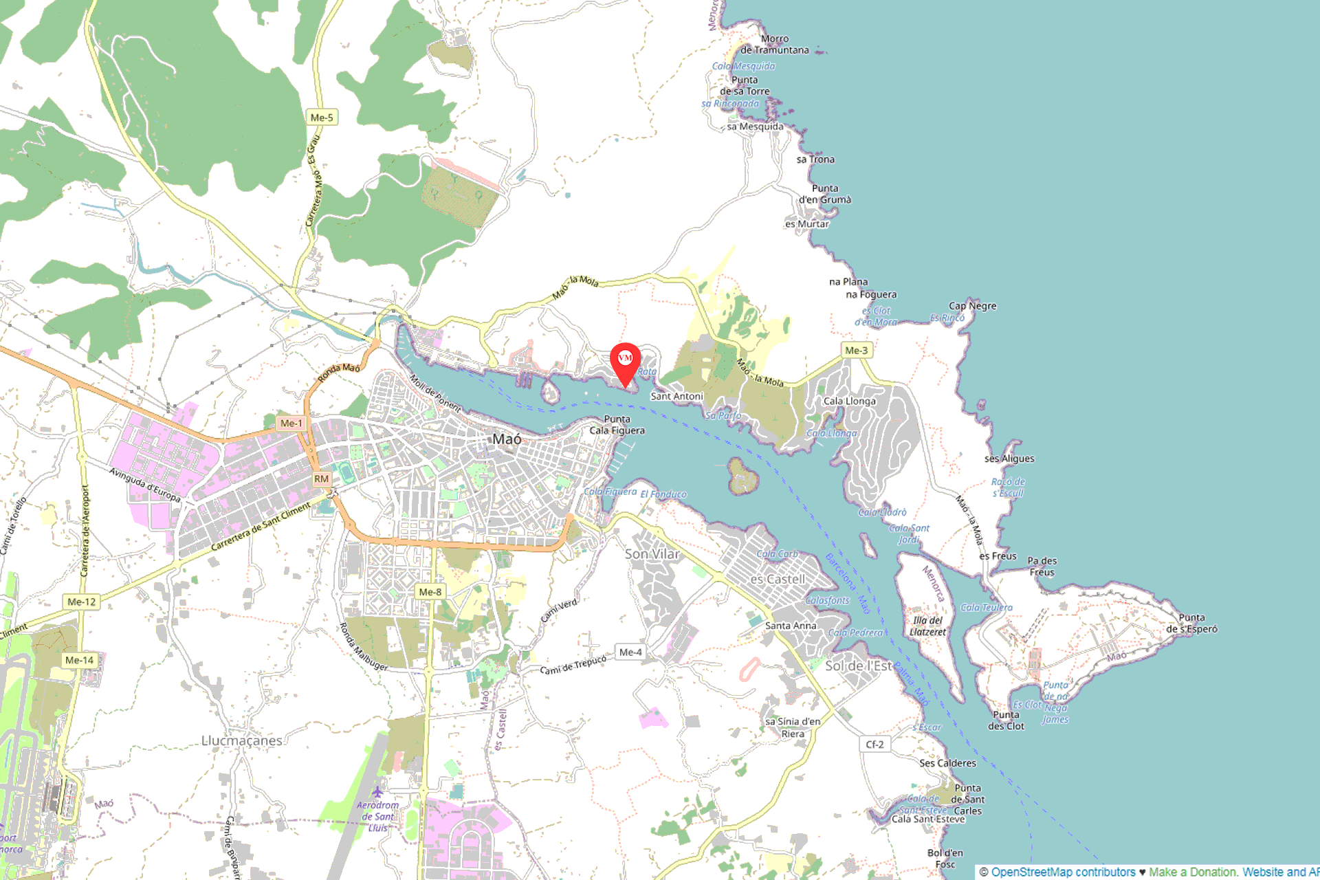 Ubicación en el mapa de Villa Mahon Menorca